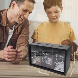 Mczcent Wooden Give Save Spend Money Saving Box for Kids, Money Coin Savings Piggy Bank Jar Box for Kid Safe Money Saver, Teach Children About Giving Saving Giving Money Piggy Box, Black