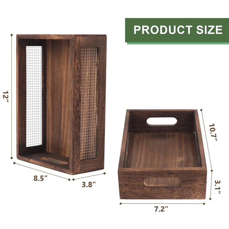Rustic Wooden Storage Baskets, Nesting Design with Wire Mesh, Set
