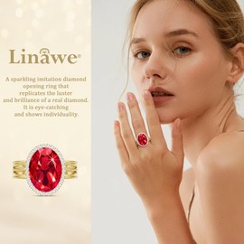 Linawe Ruby Red Birthstone Rings for Women, Chunky Gold Adjustable Rings, Vintage Oval Imitation Diamond Fake Crystal Gemstone Rings, Rhinestone Cubic Zirconia Costume Rings