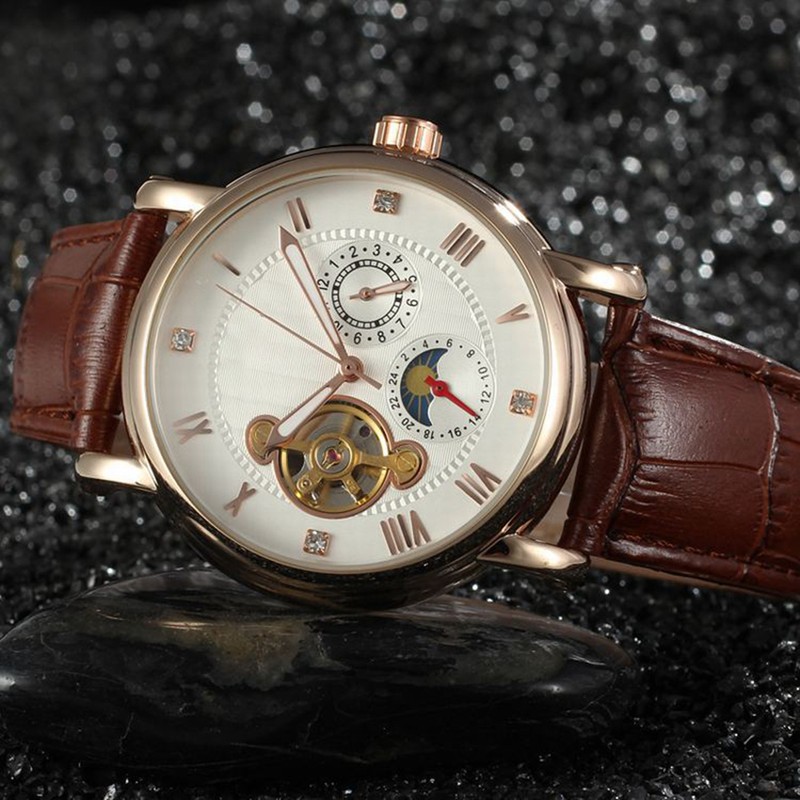 FORSINING Male Automatic Watch PU Leather Strap Analog Wristwatch(White Rose