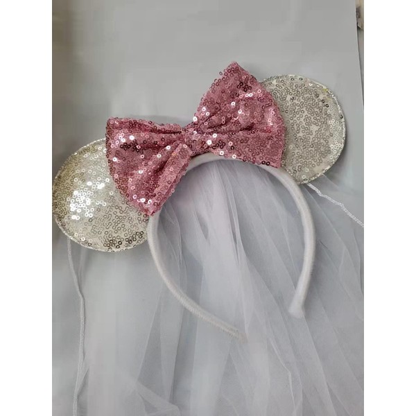 CLGIFT Diadema de orejas de Minnie Mouse, velo blanco, orejas de Minnie, orejas de luna de miel, orejas de boda, orejas de despedida de soltera, Silver & Pink