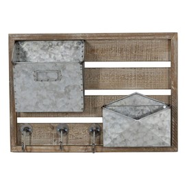 Sagebrook Home 13601-03 Distressed Wood Metal Wall Mail Organizer with Hooks