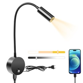 HOTUT Lampada da Lettura da Parete, Lampada da Lettura Sul Comodino a Collo di Cigno, Luce da Lettura da Comodino Dimmerabile, Applique da Lettura LED con Porta di Ricarica USB, 3000/4500/6000K