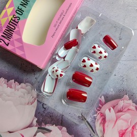 24Pcs Heart Press on Nails Short Square Fake Nails with Designs Valentines Day Acrylic Nails Glossy Full Cover Red False Nails Cute Heart Artificial Glue on Nails for Women Girls Wedding Manicure Kit