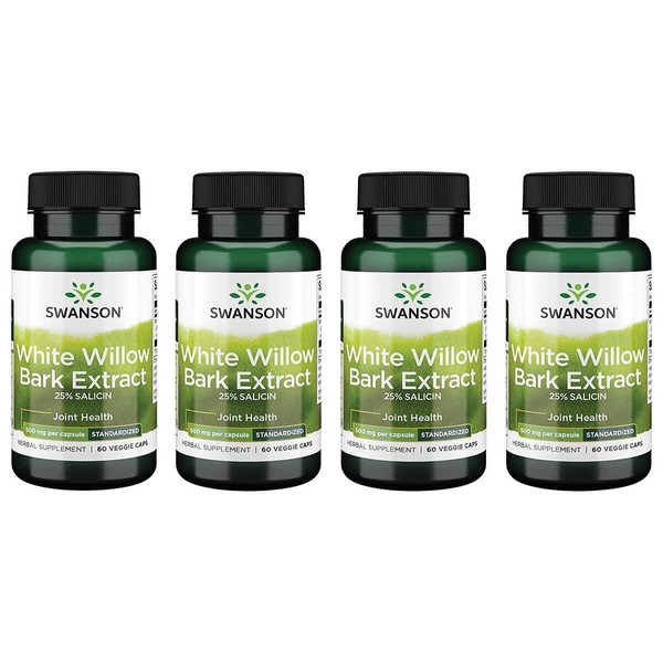 Swanson Maximum Strength White Willow Bark Extract-Promotes Joint Support & Muscle Relief-Standardized to 25% Salicin-Natural Supplement with No Stomach Irritation (60 Veggie Caps, 500mg Each) 4 Pack