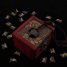 kcrygogo Rune Set with Elder Futhark Alphabet Crystal Meditation Divination Healing Chakra Reiki with Vintage Wooden Box and Natural Obsidian Pendant(3Pcs)
