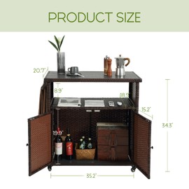 Villeston Wicker Outdoor Bar Cart - Brown Patio Console Storage Table Buffet Cabinet Serving Kitchen Cart with Wheels for Outside Backyard