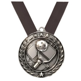 Decade Awards Pickleball Medal, Wreath - Silver | Engraved Pickleball Medal with Black Neckband - 3 Inch Wide - Customize Now (Silver-Black)