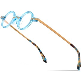 HEPIDEM Acetate Glasses Frame Alloy Temple Men Small Retro Round Eyeglasses Women Optical Spectacles (9215 Transparent Blue)