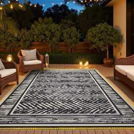 COCOER Outdoor Rug-6x9 Waterproof Patio Rug with LED Strip Lights-Reversible Outdoor Carpet Plastic Straw Outside Rug for RV Porch Balcony