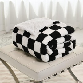 DREAMLANDING Sherpa Fleece Blanket Sofa Throw Double-Sided Super Soft Warm Throw Blanket For Bed, Sofa, Couch (Black Checkered, 150×180cm)