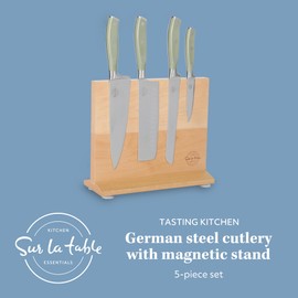 Sur La Table Kitchen Essentials 5 Piece German Steel Blade With Triple Riveted Handle Set on Beechwood Magentic Block - Juniper Green