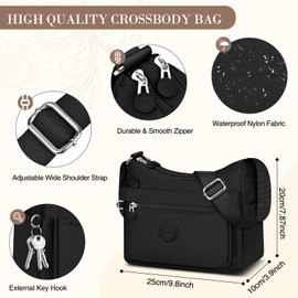 VOBUKE Shoulder Bag Women's Medium Waterproof Nylon Crossbody Bag with Multiple Compartments Lightweight Shoulder Bag Adjustable Wide Leisure Small Messenger Bag for Shopping, Travel, black