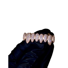 14k Rose Gold Joker Pink Grillz for Mouth Top Bottom Hip Hop Teeth Grills for Teeth Mouth Grillz for Mouth Top Bottom Hip Hop 8 Teeth Prong Set Cz Diamonds Grills for tooth (Bottom Only)