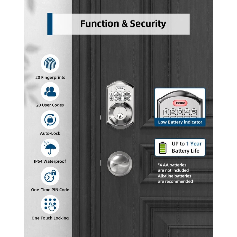 TEEHO TE002K Keyless Fingerprint Deadbolt Door Lock - Smart Lock