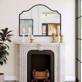 Chende Black Wall Mirror, Antique Arched Mirror for Fireplace Decor with Wooden Frame, 40'' x 28'' Elegant Scalloped Mirror for Living Room, Dining Room, Entryway