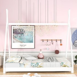 Wood Montessori Floor Bed Frame Twin Size, Twin Floor Bed with Slats and Triangle Structure, Kids Floor Bed Twin Size/Montessori Bed for Kids, Girls, Boys, Twin Bed Frame Whit