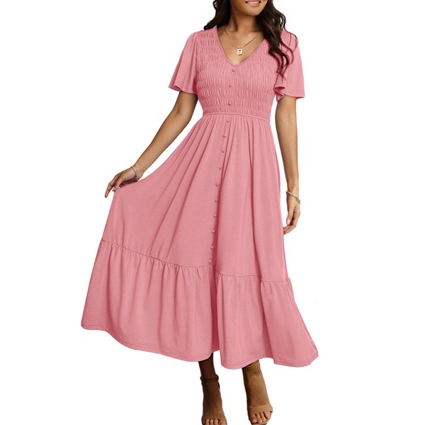 Simplee Womens Summer Smocked Flowy Dress - Casual Flutter Sleeve