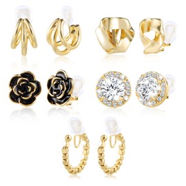 5 Pairs Clip On Earrings for Women Fashion Rose Triangle Cubic Zirconia Square Beads Layer Hypoallergenic Clip On Earrings for Teen Girls Gift