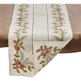 SARO LIFESTYLE 1851.N16120B Joyeuses Fêtes Collection Embroidered Pinecone And Holly Table Runner, 16" x 120", Natural