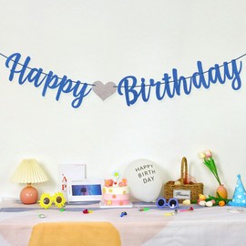 MDLLDM Blue Happy Birthday Banner,Glitter Blue Birthday Banner For Boys Men,Pre-Strung-Glitter Happy Birthday Sign, Happy Birthday Garland,Happy Birthday Backdrop,Happy Birthday Decorations