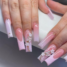 Press on Coffin Nails Long Length Glossy Full Cover Acrylic Extra Long Square False Nails with Designs Artificial Ballerina Square Fake Nails with Charm Glue ons Nails Fingernails for Women(SGCY221)