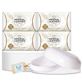 Imperial Leather Bar Soap Gentle Care Laundry White Cream – Gentle Bath Soaps & Hand Wash – Natural Bars Multipack (4 x 90g) with Portable Soap Tray with Lid – Long-Lasting Skincare & Everyday Wash