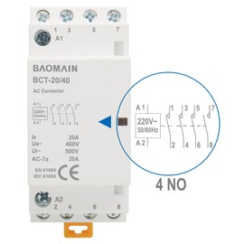 Baomain AC Contactor 220VAC 20A 4 Pole 4NO Normally Open Universal Circuit Control 35mm DIN Rail Mount CE Listed BCT-20/40 (20 Amp.)