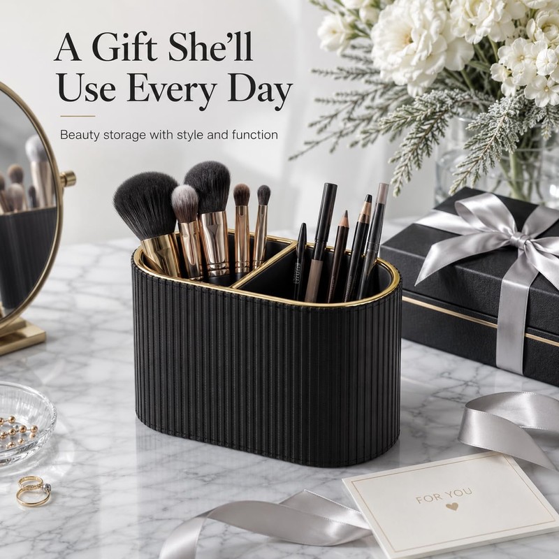 GORESE Makeup Brush Holder,Makeup Organiser Vanity Organiser PU Leather Cosmetics