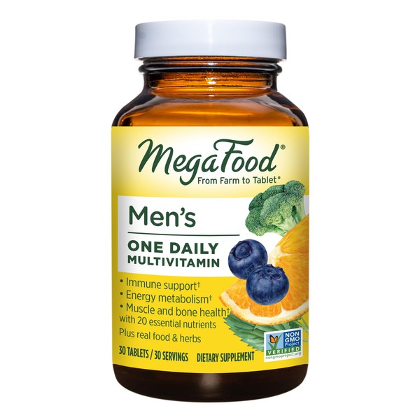 MegaFood Men's One Daily - Multivitamin for Men with Zinc, Selenium, Vitamin B12, Vitamin B6, Vitamin D & Real Food - Immune Support Supplement - Muscle and Bone Health - Vegetarian - 30 Tabs