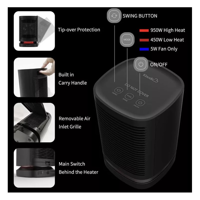 Kloudic 950W Portable Electric Space Heater 2sec Heat up Travel
