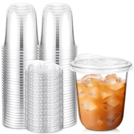 Ziliny 50 Sets 12 oz Clear Plastic Cups with Strawless Sip Lids, Thickened Clear Disposable Plastic PET Crystal Cups for Iced Coffee, Smoothie, Cold Beverage, Drink Shops and Party Catering