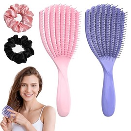 JeeLeeko Cepillo para cabello rizado 2 piezas, Peine para cabello rizado para mujeres, con 2 pcs diademas de satén, Cepillo para cabello lacio, Adecuados para todo tipo de cabello (Morado+Rosa)