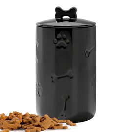 NIXBYO Dog Treat Container Airtight - 9"x5" Black Large Ceramic Dog Treat Jar for Kitchen Counter, Dog Cookie Jar with Lid - Farmhouse Style Dog Food Storage Container for Dogs, Cats, Pets