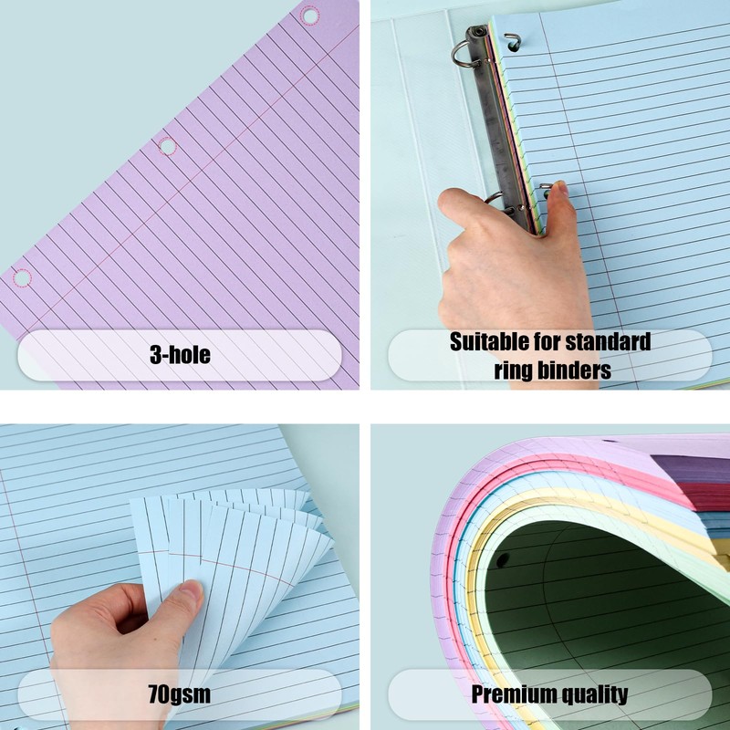 Koogel 5-Color Loose Leaf Paper, 500 Sheets Wide Ruled, 8