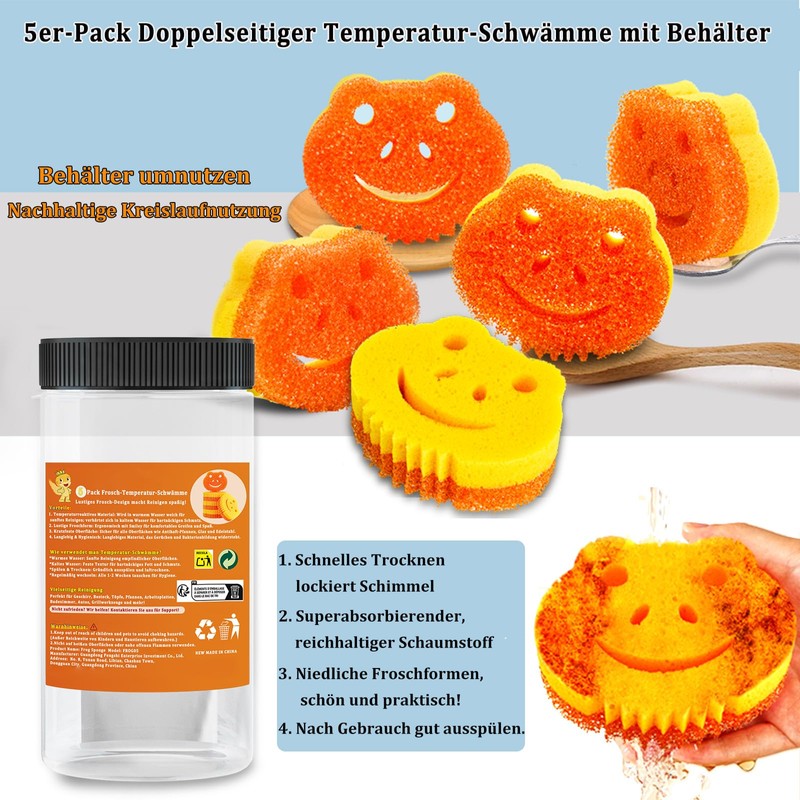 Pack of 5 Temperature Dishwashing Sponge, Double-Sided Scourer, Kitchen Sponges,