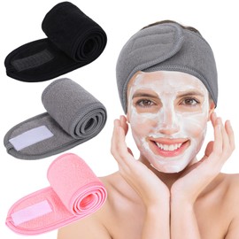 Whaline Spa Facial Headbands 3 Pieces Make Up Wrap Head Terry Cloth Headband Soft Adjustable Towel Band for Face Washing Shower Facial Cover Yoga(Black, Pink, Gray)