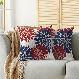 4th of July Blue Red White Pillow Covers 18X18 Inch Set of 2, Modern Geometry Dahlia Floral Print Holiday Decorative Throw Pillow Covers Outdoor Farmhouse Cushion Case for Couch Sofa Bed Decor