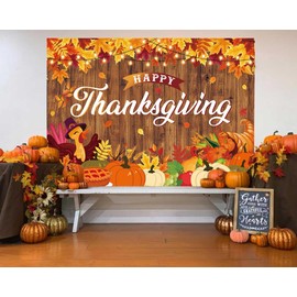 Happy Thanksgiving Banner Backdrop 7x5FT Autumn Maple Leaf Pumpkin Turkey Thanksgiving Backgound Fall Harvest Family Friends Gathering Party Decorations Supplies Photo Props