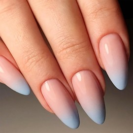 Omber Press on Nails Almond Fake Nails with Design Gradient Haze Blue Nails Press on Acrylic Nails Nude False Nails Glossy Glue on Nails Medium Length Stick on Nails for Women Manicure in 24PCS
