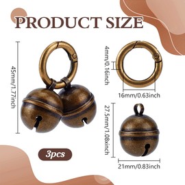 BENECREAT 3 Sets Brass Bells for Pet Collar, 45mm Dog Collar Charms with Spring Gate Rings for Pet Tracking, Training, Decorating (Antique Bronze)