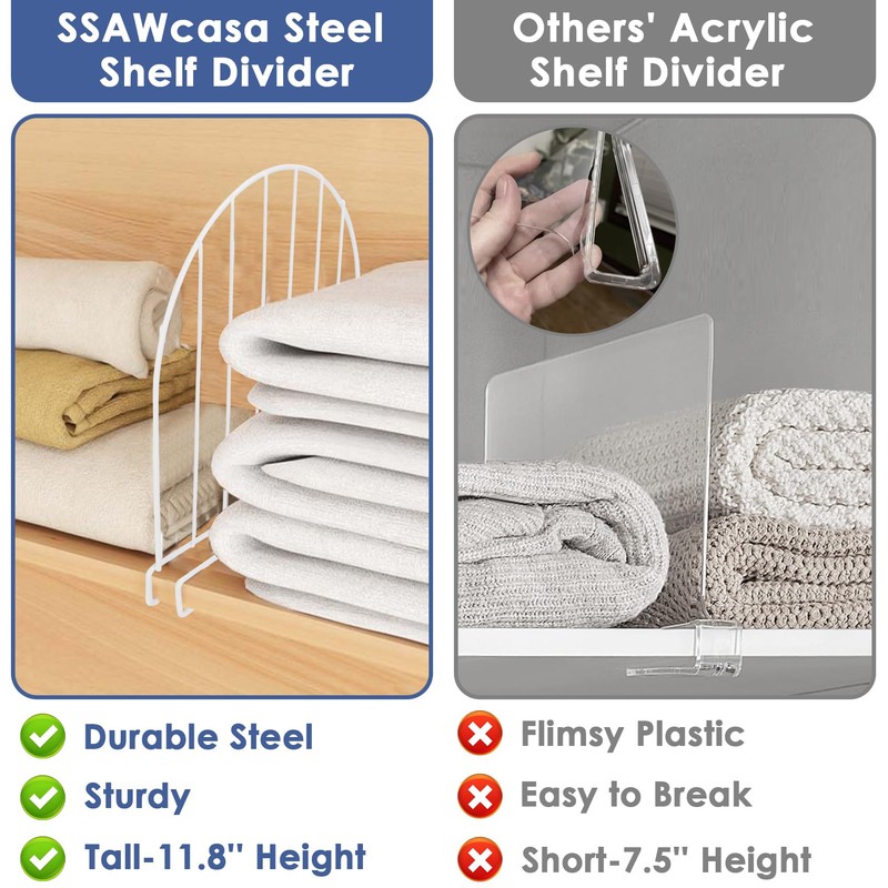 SSAWcasa Tall Shelf Dividers, 8 Pack 12’’ Shelf Dividers for