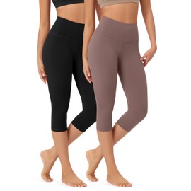 ODODOS 2-Pack High Waist Workout Capris for Women, 19" Tummy Control Athletic Running Cropped Leggings, Black+Purple Taupe, Medium