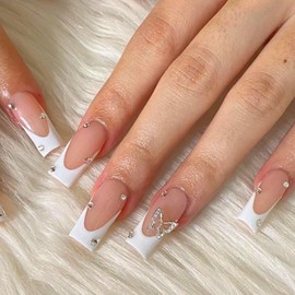 French False Nails, Press on Short Square,White Tip Butterfly Stick on Nails, 24pcs False Nails with Glue Elegant Fake Nails for Women Girls Weddings (French Butterfly)