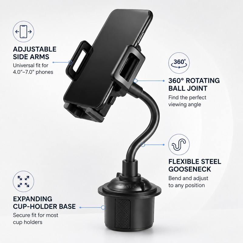 Car Cup Holder Phone Mount for Hands-Free Viewing – Adjustable
