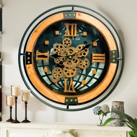 THE GEARS CLOCK 18'' Inch Round Real Moving Gear Wall Clock Portugal Line (Wood & Black (18 inches (45 cm))