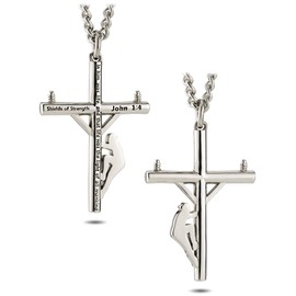 Shields of Strength Men's Lineman Cross Necklace with Bible Verse, Stainless Steel & Gold Plated, 18-30" Chain, Religious Faith Gift
