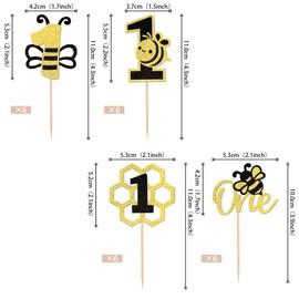 24 piezas de decoración para cupcakes de abeja One color negro y dorado con purpurina, número 1, púas de magdalenas de abeja, decoración para tartas de primer cumpleaños, para baby shower, niños y niñas, suministros para fiestas de primer cumpleaños