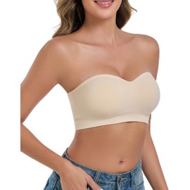 ANGOOL Women's Strapless Bra Without Underwire Push Up Bra Without Straps Fixed Padding Bandeau Top Women's Seamless with Transparent and Primary Coloured Straps, beige, XXL