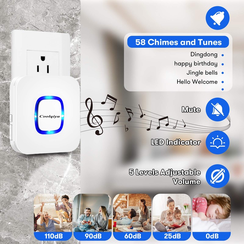Wireless Doorbell, Coolqiya Door Bell Chimes Kit with 3 Plugin